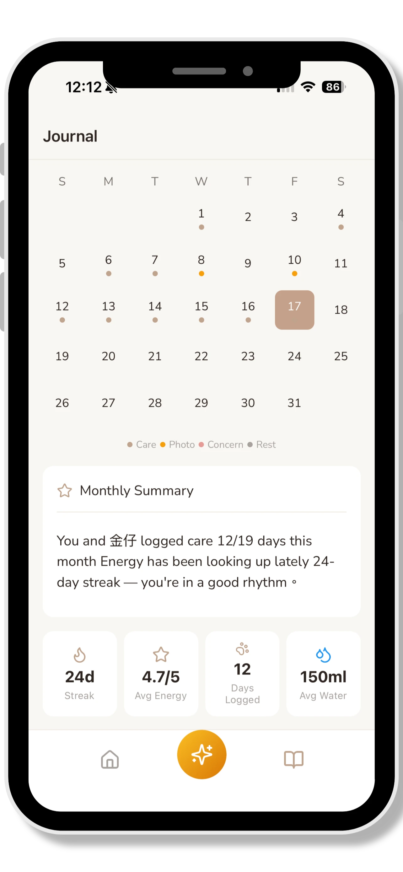 Monthly summary — a warm narrative of your care, with trend stats for energy, water, and mobility