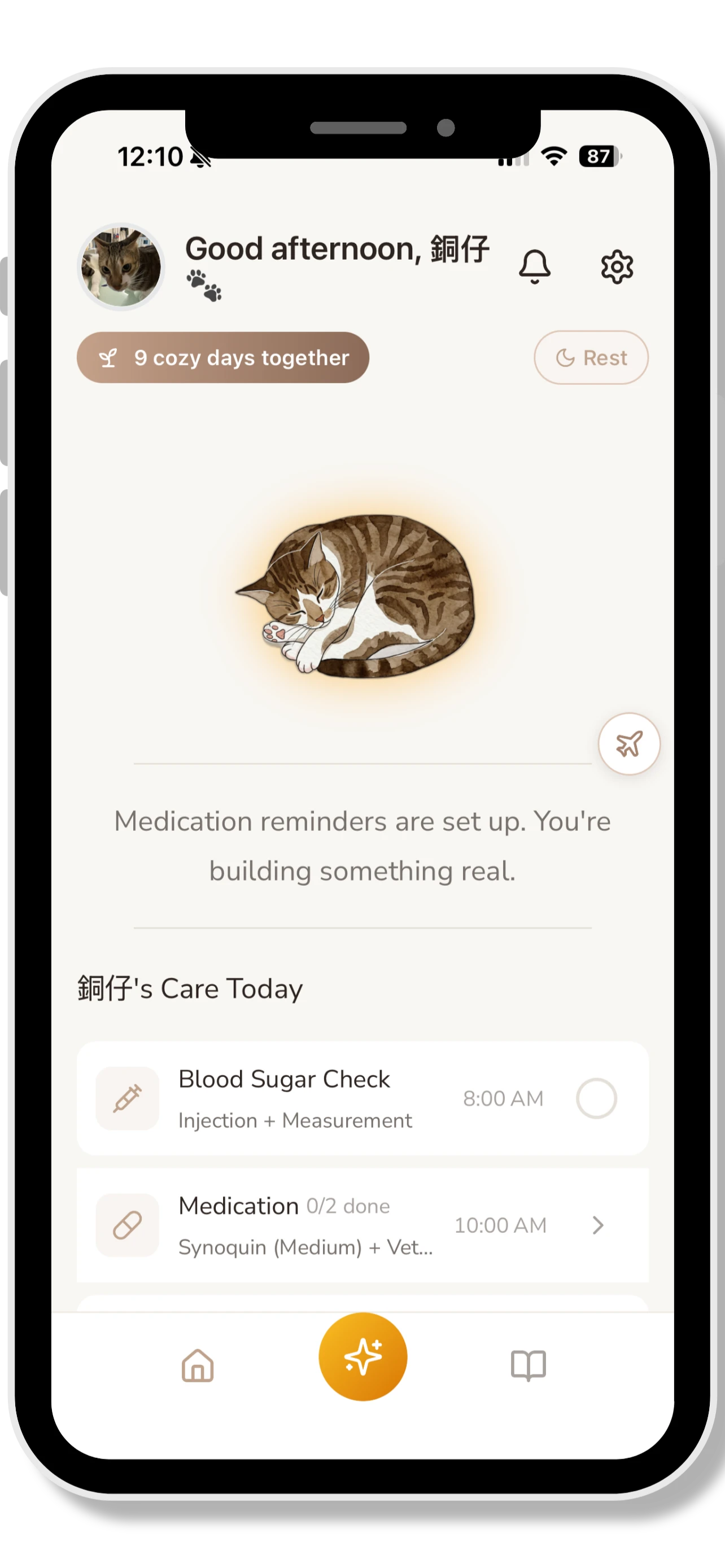 Today screen showing pet photo, care streak, task cards, and mood check-in
