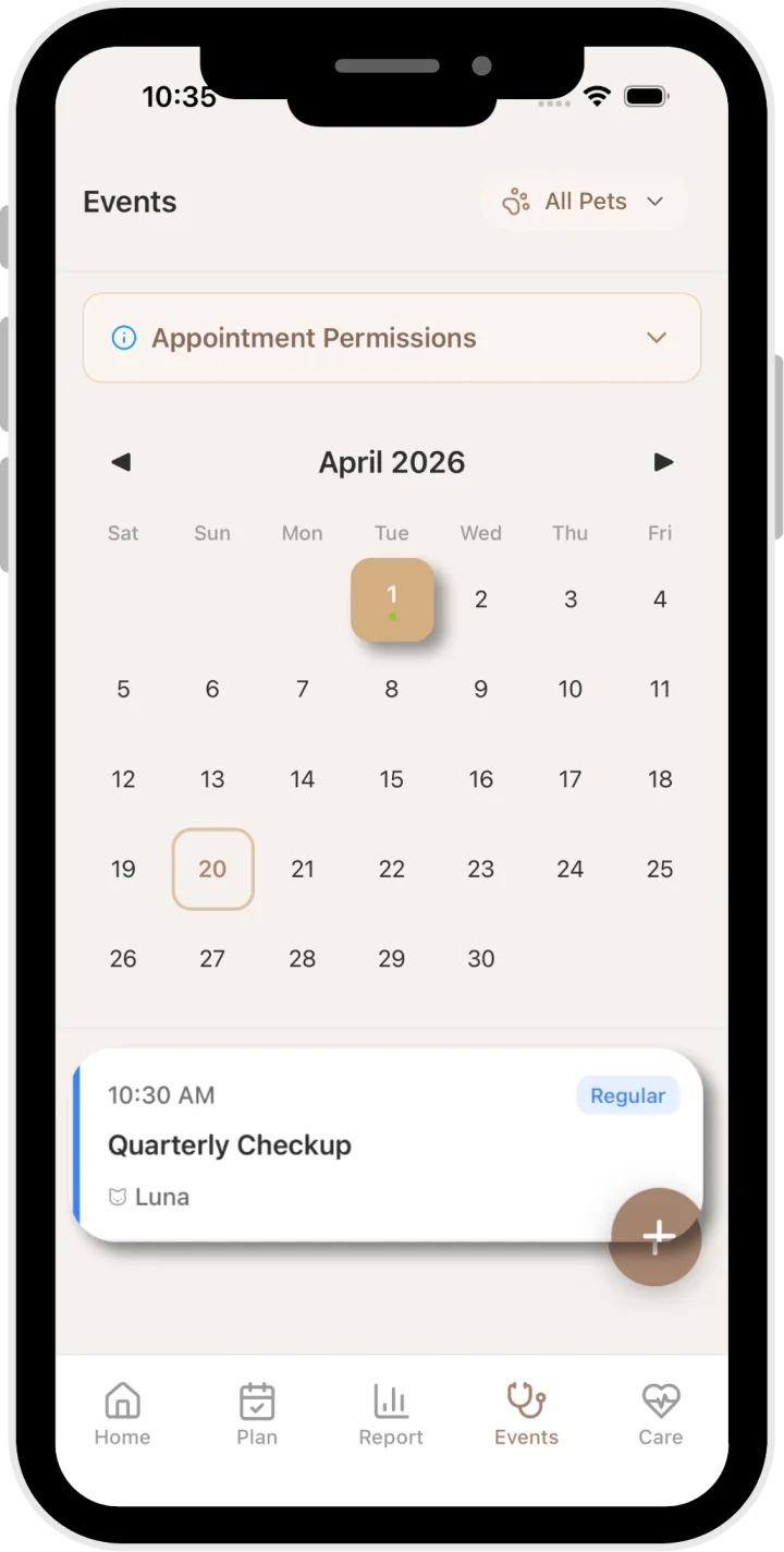 Events screen showing appointment calendar with quarterly checkup