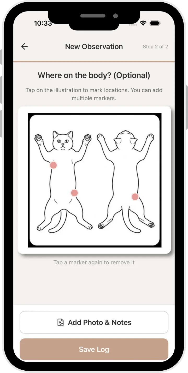 New Observation screen showing body mapping on cat illustration