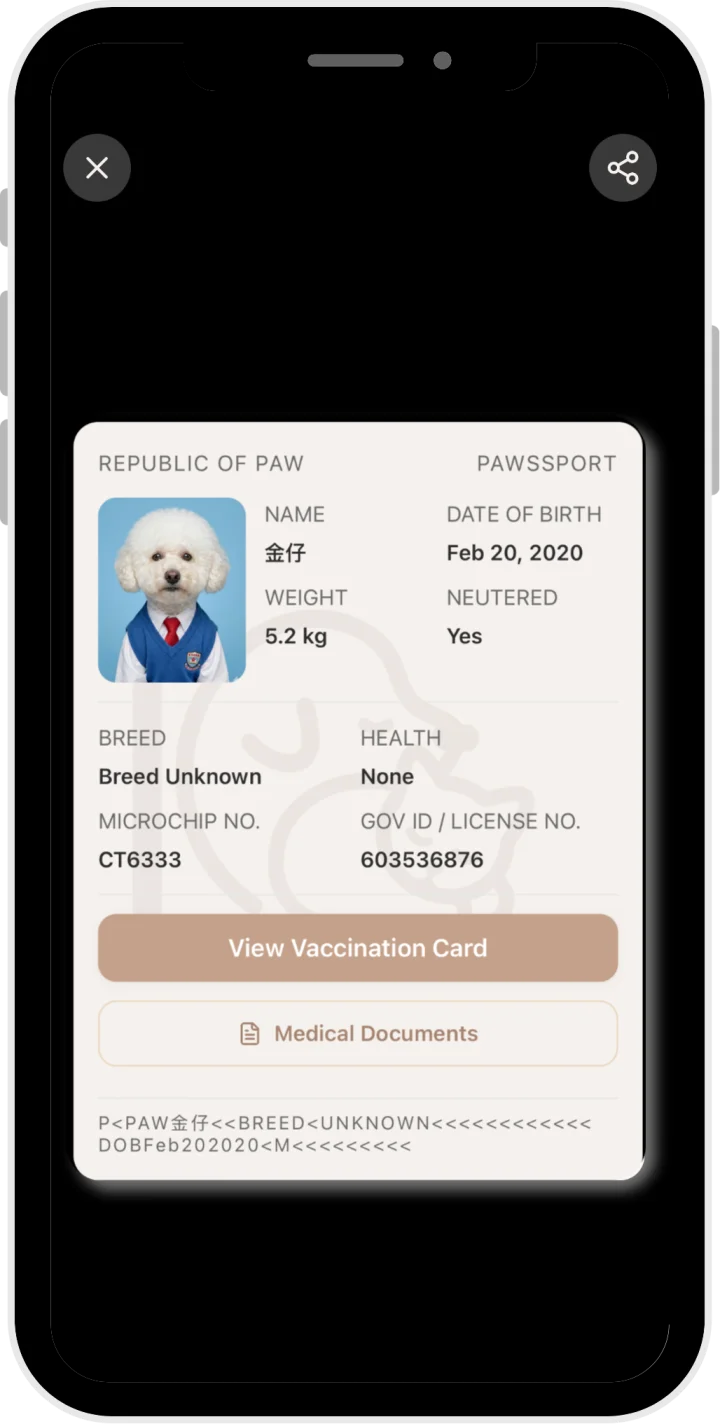 Pawssport screen showing digital pet ID card with breed, weight, and microchip info