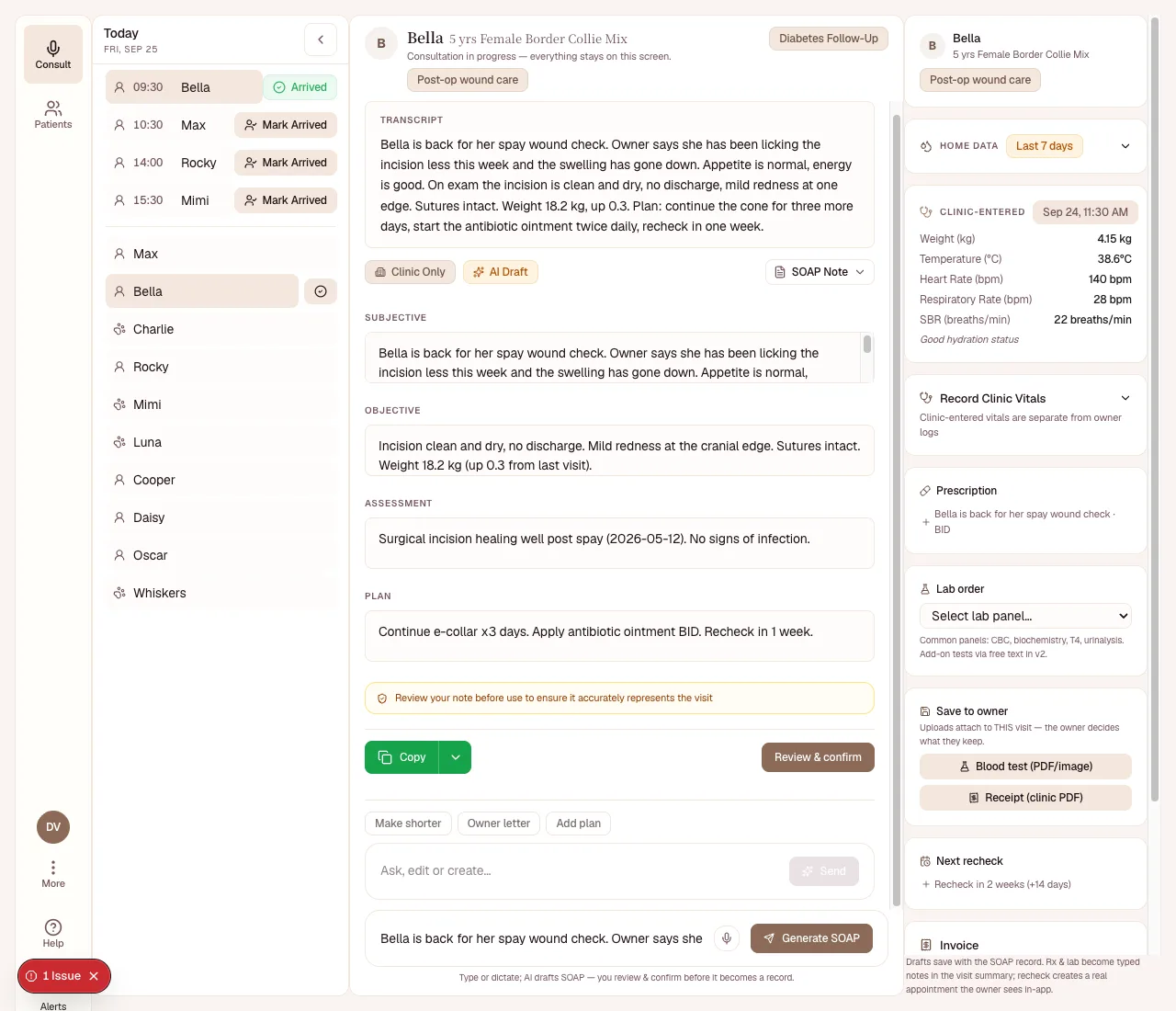 The consult room — transcript at the top; the drafted note beside you.